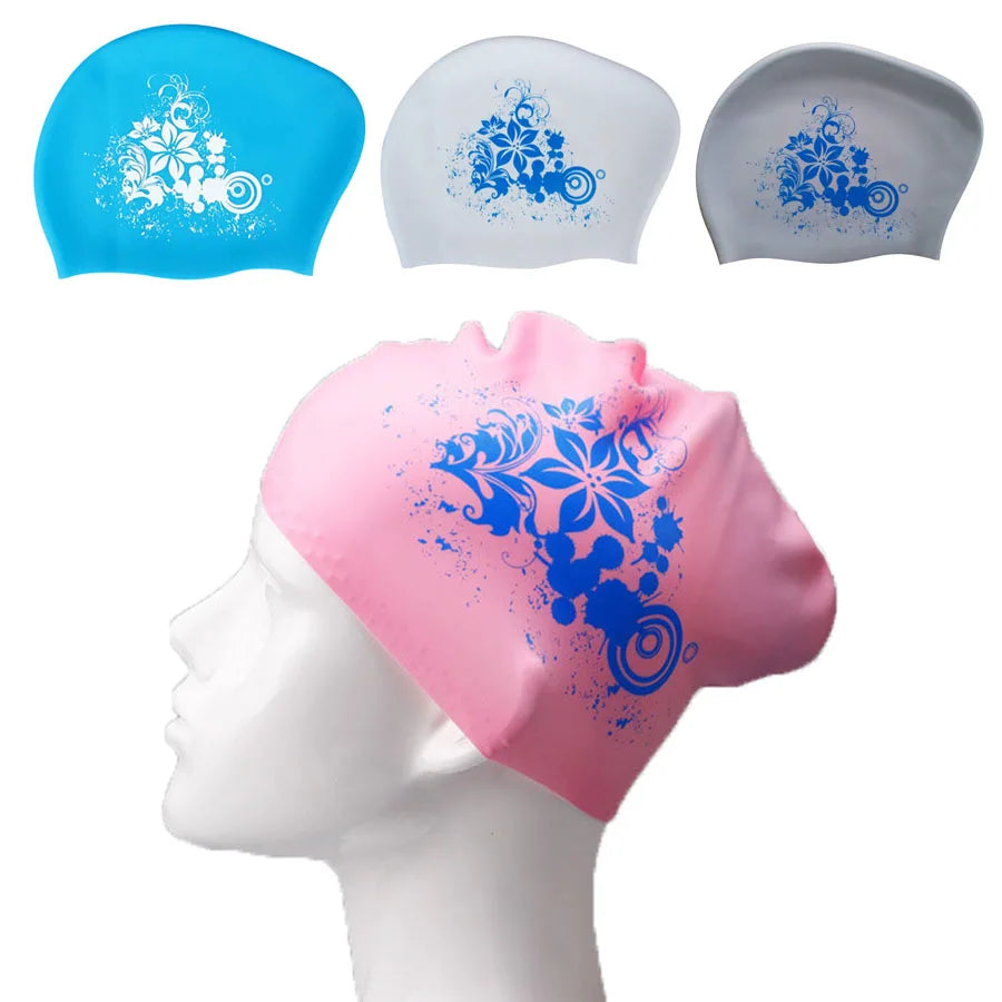 Silicone Fashional Ladies Elastic Swimming Cap Waterproof Ear Hair Protection Swim Hats for Long Hair Women Pool Diving Cap